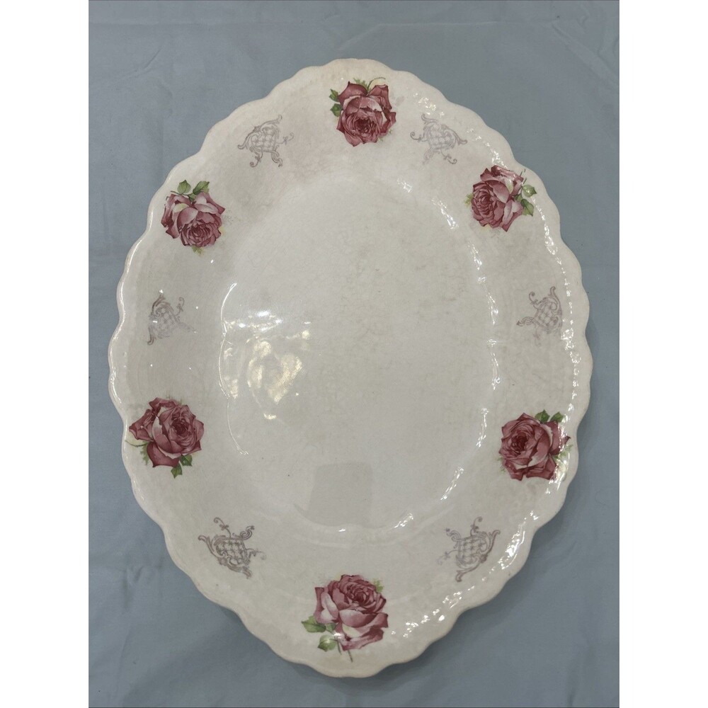 Antique Dresden Semi-Porcelain Oval Serving Platter Pink Floral 15.5 X 11.5